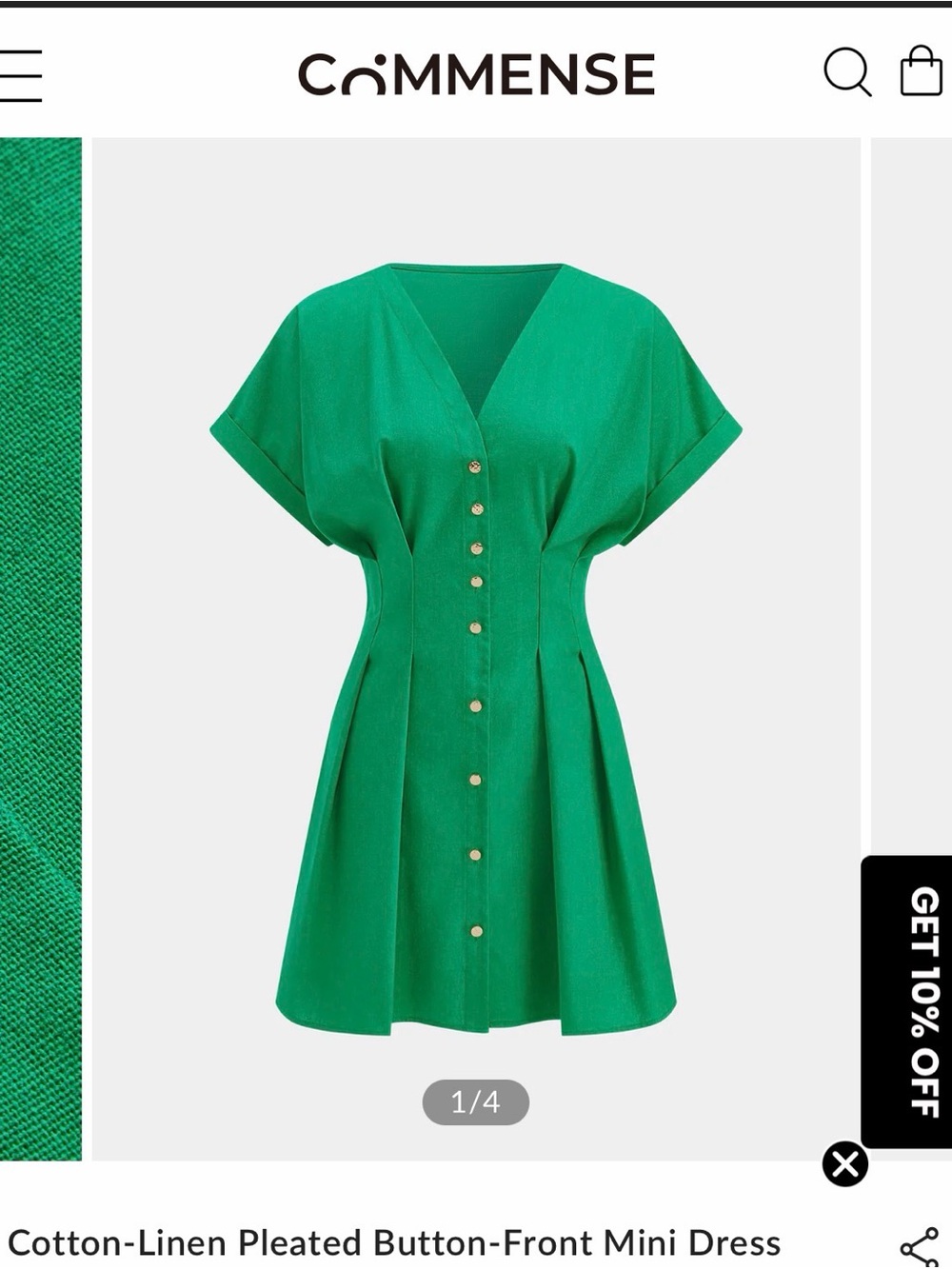 New! Commense Green Cotton-Linen Pleated Button-Front Mini Dress